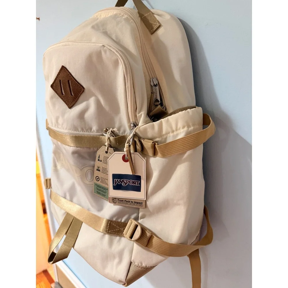 JanSport Recycled Materials Backpack Cream Tan Laptop Sleeve School Bag NEW